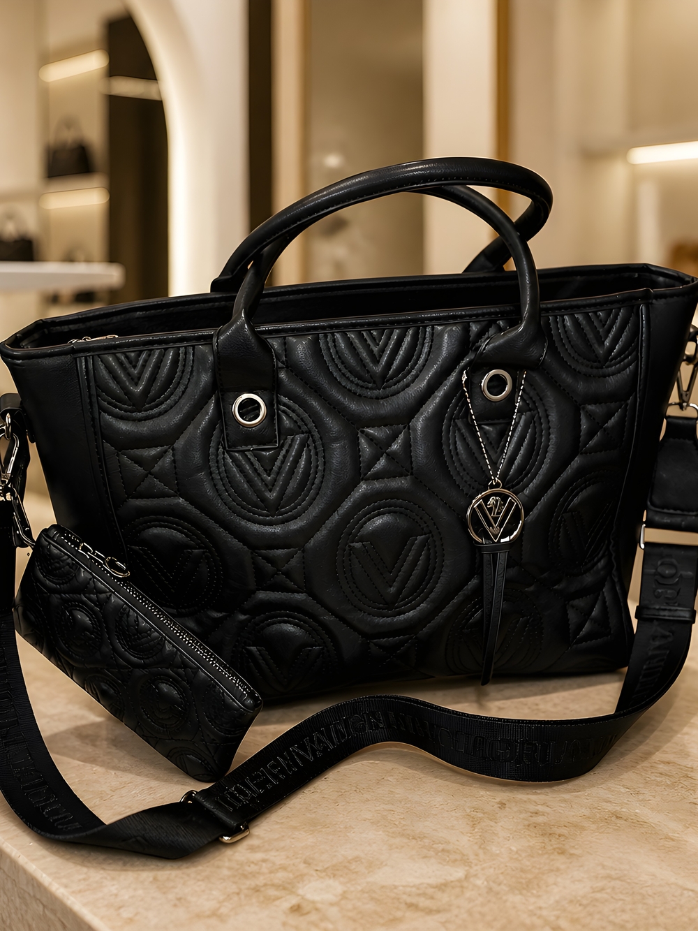 Valentino Orlandi Black Vegan Leather Quilted Tote with Detachable Strap & Pouch